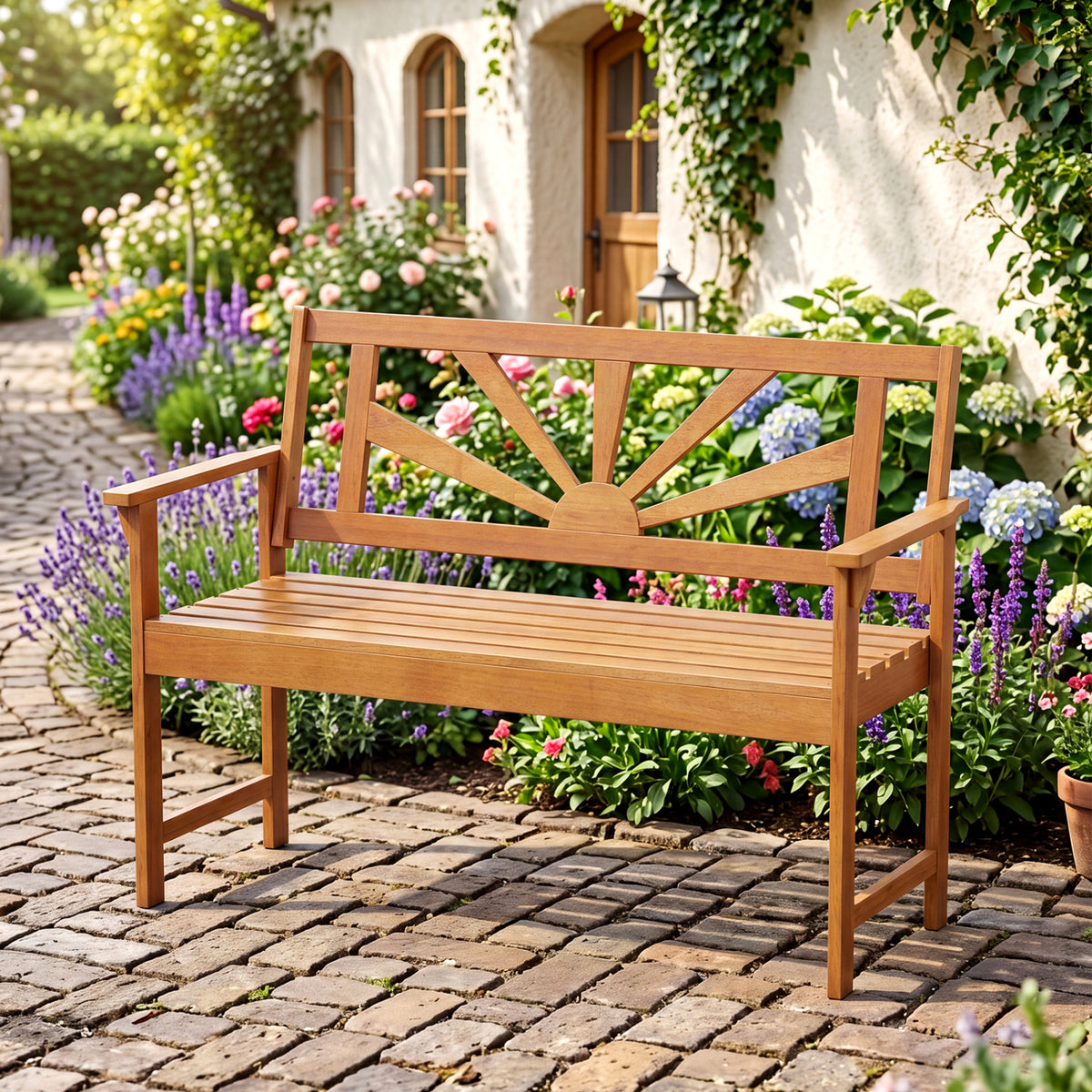 2-Seater Acacia Wood Loveseat Bench with Backrest and Armrests for Patio