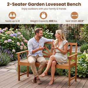 2-Seater Acacia Wood Loveseat Bench with Backrest and Armrests for Patio