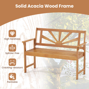 2-Seater Acacia Wood Loveseat Bench with Backrest and Armrests for Patio