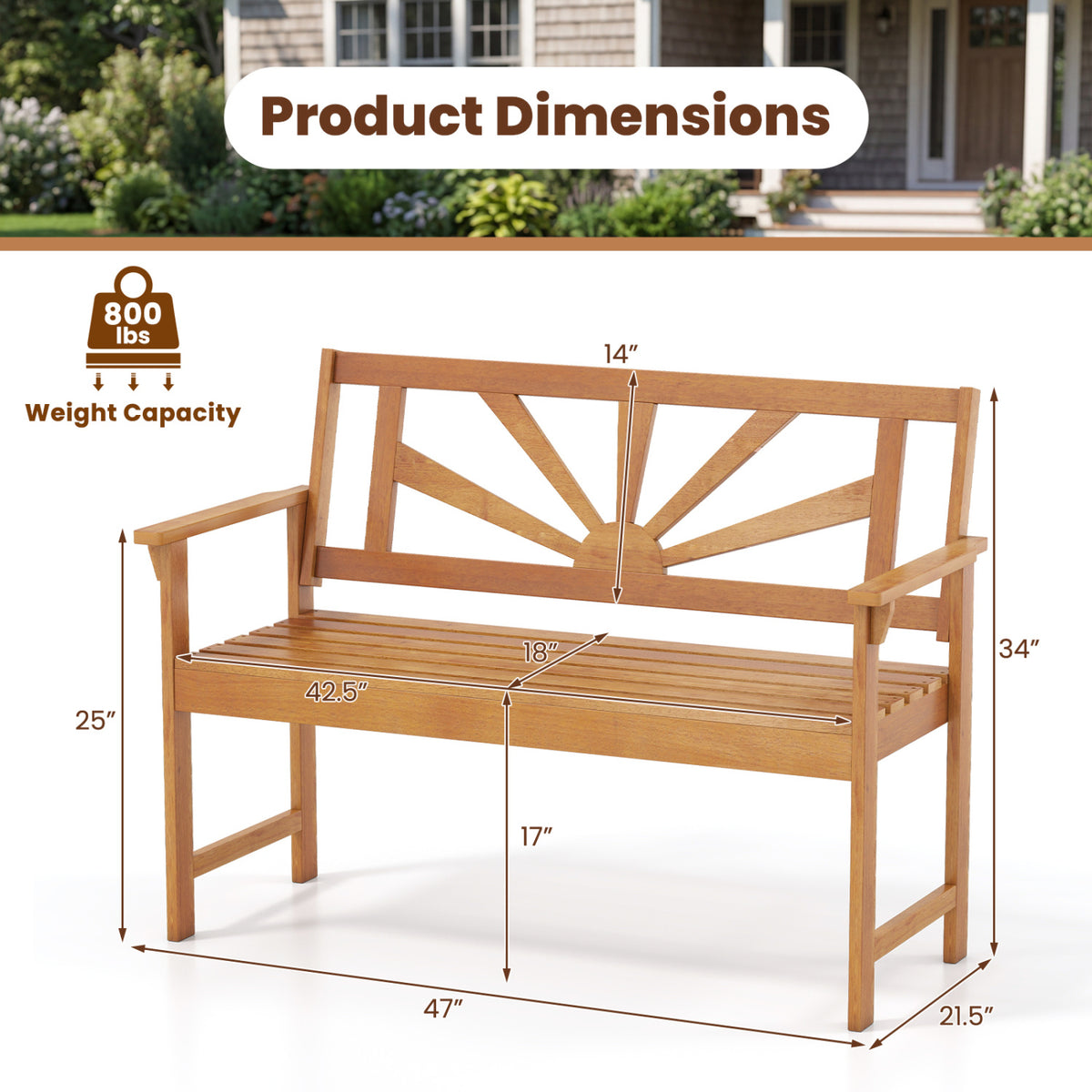 2-Seater Acacia Wood Loveseat Bench with Backrest and Armrests for Patio