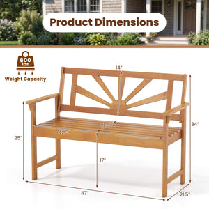 2-Seater Acacia Wood Loveseat Bench with Backrest and Armrests for Patio
