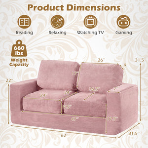 2-Seater Floor Couch Loveseat Foam Sofa with Removable Corduroy Cover-Pink
