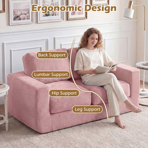 2-Seater Floor Couch Loveseat Foam Sofa with Removable Corduroy Cover-Pink