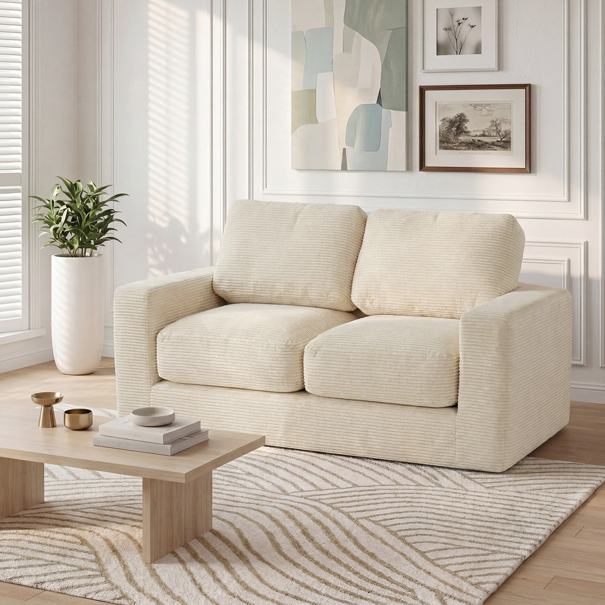 2-Seater Floor Couch Loveseat Foam Sofa with Removable Corduroy Cover-Beige