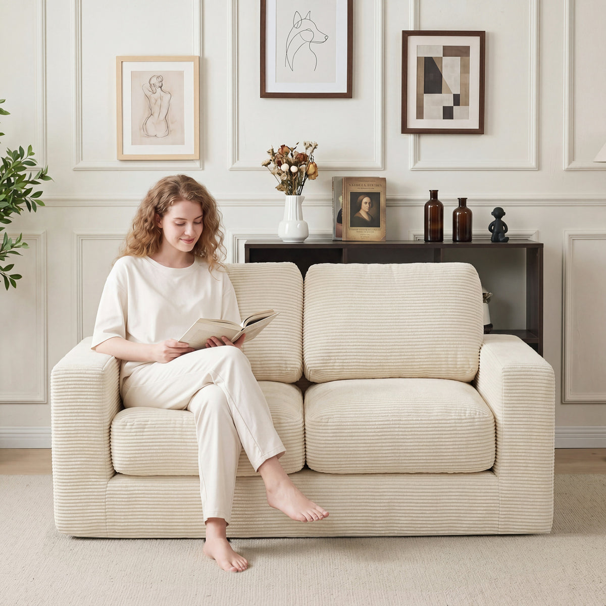 2-Seater Floor Couch Loveseat Foam Sofa with Removable Corduroy Cover-Beige