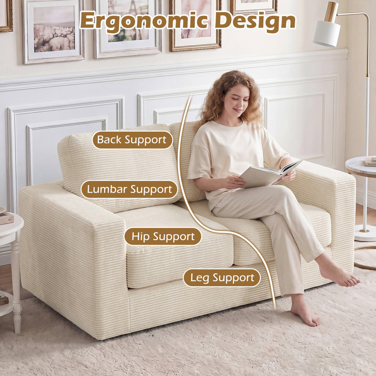 2-Seater Floor Couch Loveseat Foam Sofa with Removable Corduroy Cover-Beige