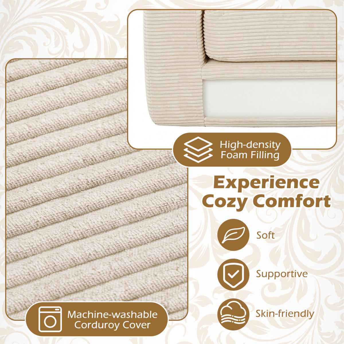 2-Seater Floor Couch Loveseat Foam Sofa with Removable Corduroy Cover-Beige
