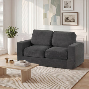 2-Seater Floor Couch Loveseat Foam Sofa with Removable Corduroy Cover-Black