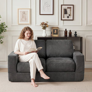 2-Seater Floor Couch Loveseat Foam Sofa with Removable Corduroy Cover-Black
