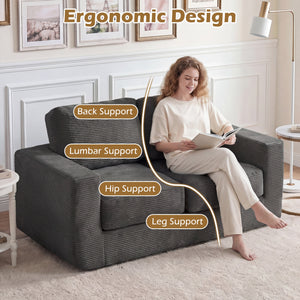 2-Seater Floor Couch Loveseat Foam Sofa with Removable Corduroy Cover-Black