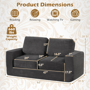 2-Seater Floor Couch Loveseat Foam Sofa with Removable Corduroy Cover-Black