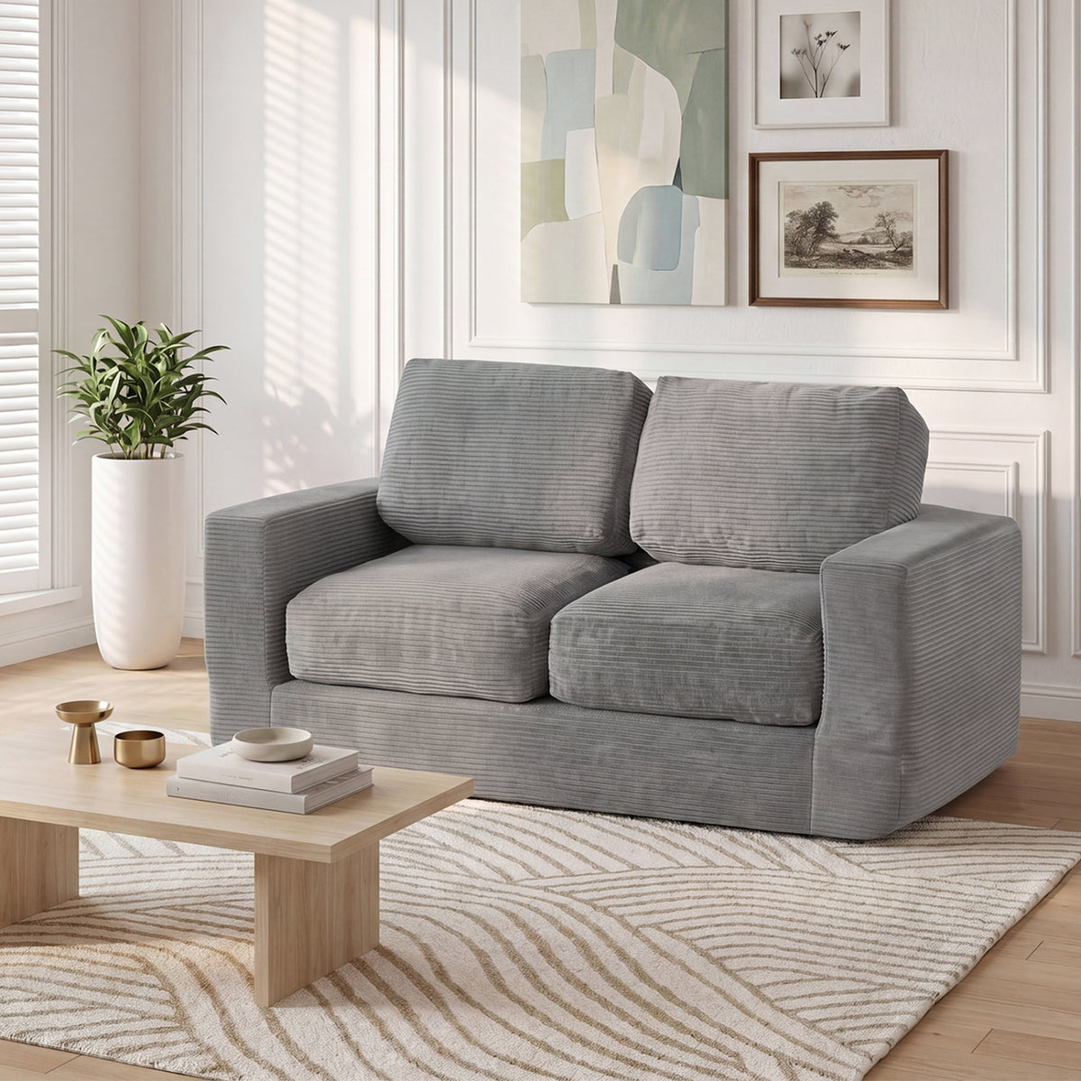 2-Seater Floor Couch Loveseat Foam Sofa with Removable Corduroy Cover-Gray
