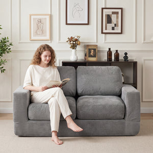 2-Seater Floor Couch Loveseat Foam Sofa with Removable Corduroy Cover-Gray