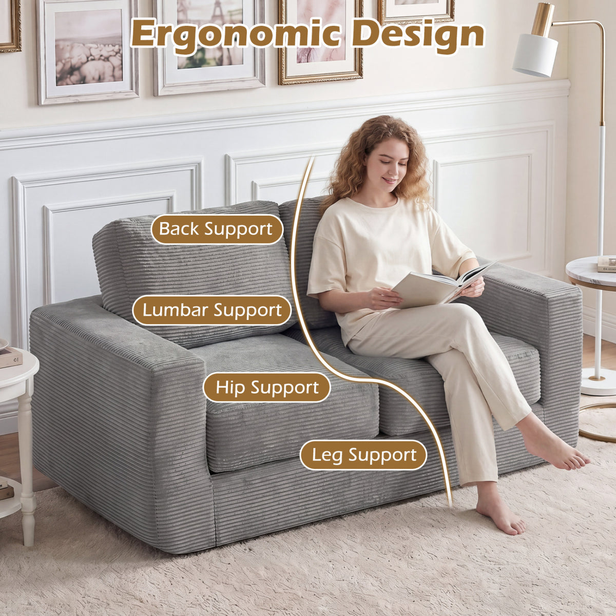 2-Seater Floor Couch Loveseat Foam Sofa with Removable Corduroy Cover-Gray