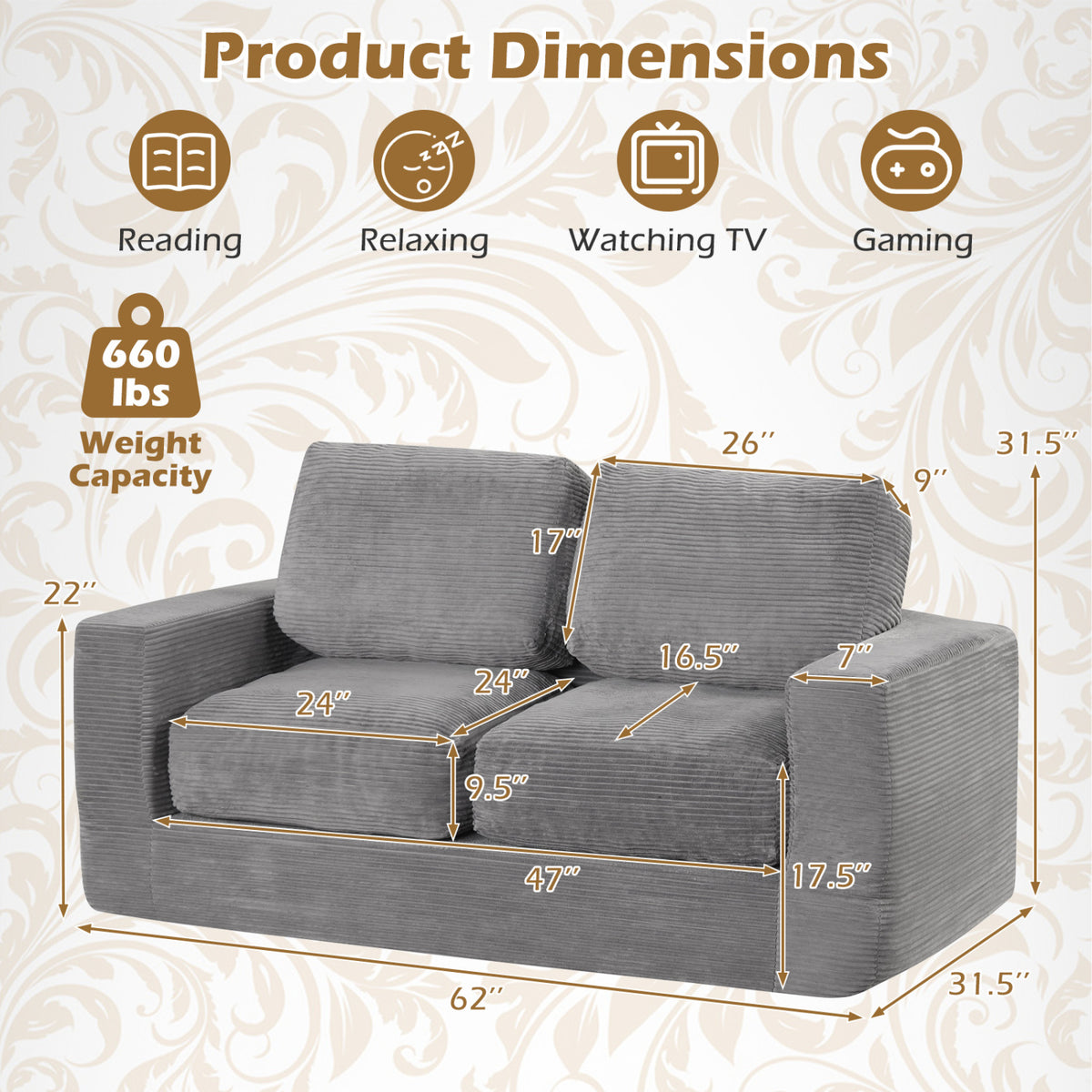 2-Seater Floor Couch Loveseat Foam Sofa with Removable Corduroy Cover-Gray