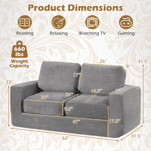 2-Seater Floor Couch Loveseat Foam Sofa with Removable Corduroy Cover-Gray