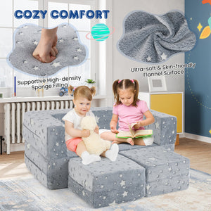 2 Seater Kids Play Couch with Removable and Machine Washable Flannel Cover-Gray