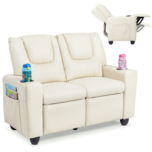 2-Seater Kids Recliner Double Toddler Sofa Chair with 2 Cup Holders-Beige