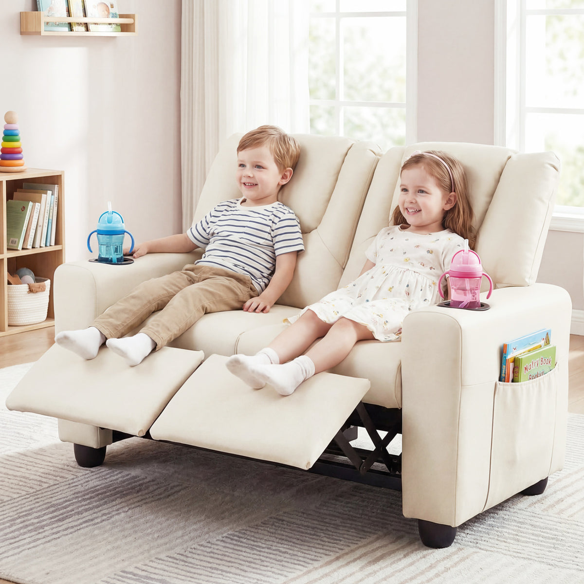 2-Seater Kids Recliner Double Toddler Sofa Chair with 2 Cup Holders-Beige