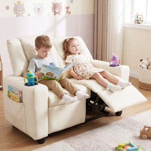2-Seater Kids Recliner Double Toddler Sofa Chair with 2 Cup Holders-Beige