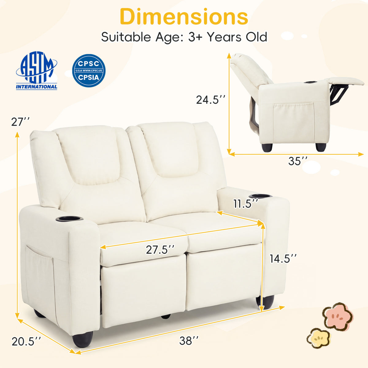 2-Seater Kids Recliner Double Toddler Sofa Chair with 2 Cup Holders-Beige