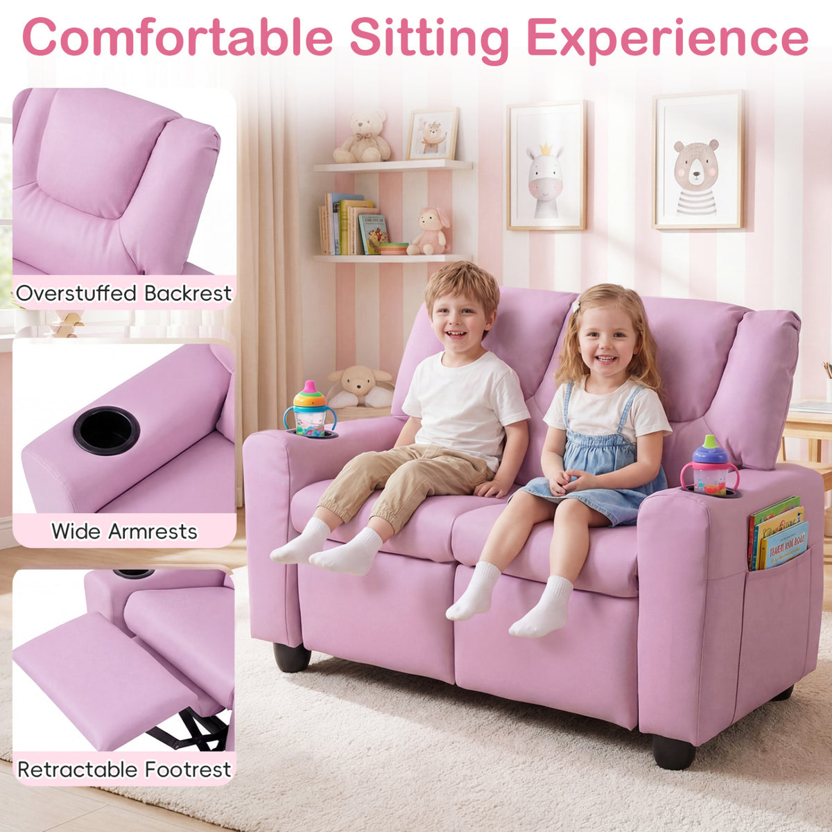 2-Seater Kids Recliner Double Toddler Sofa Chair with 2 Cup Holders-Pink