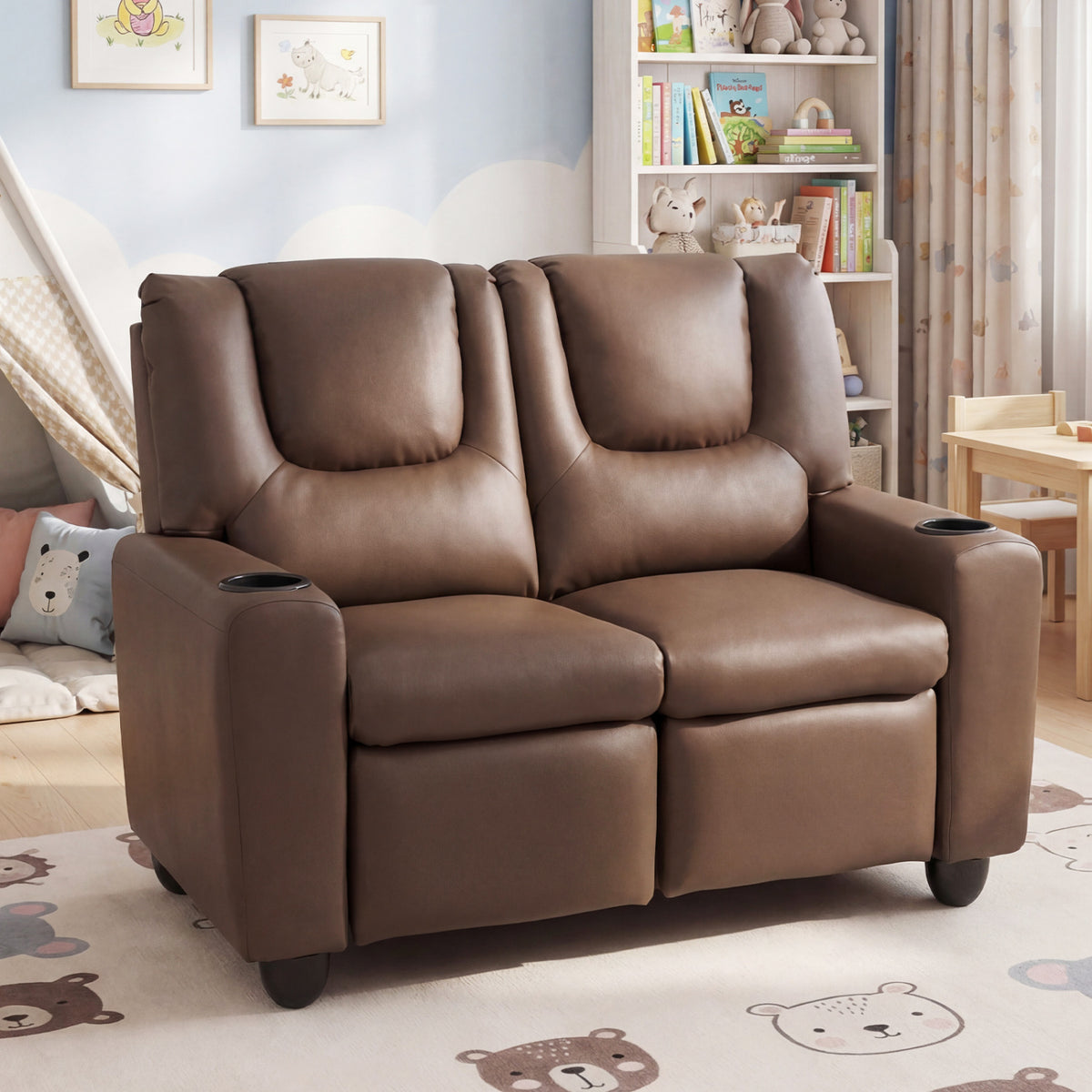 2-Seater Kids Recliner Double Toddler Sofa Chair with 2 Cup Holders-Brown