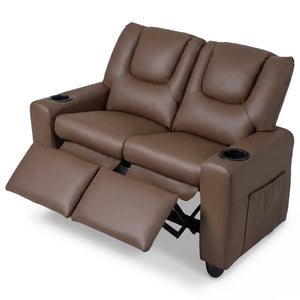 2-Seater Kids Recliner Double Toddler Sofa Chair with 2 Cup Holders-Brown