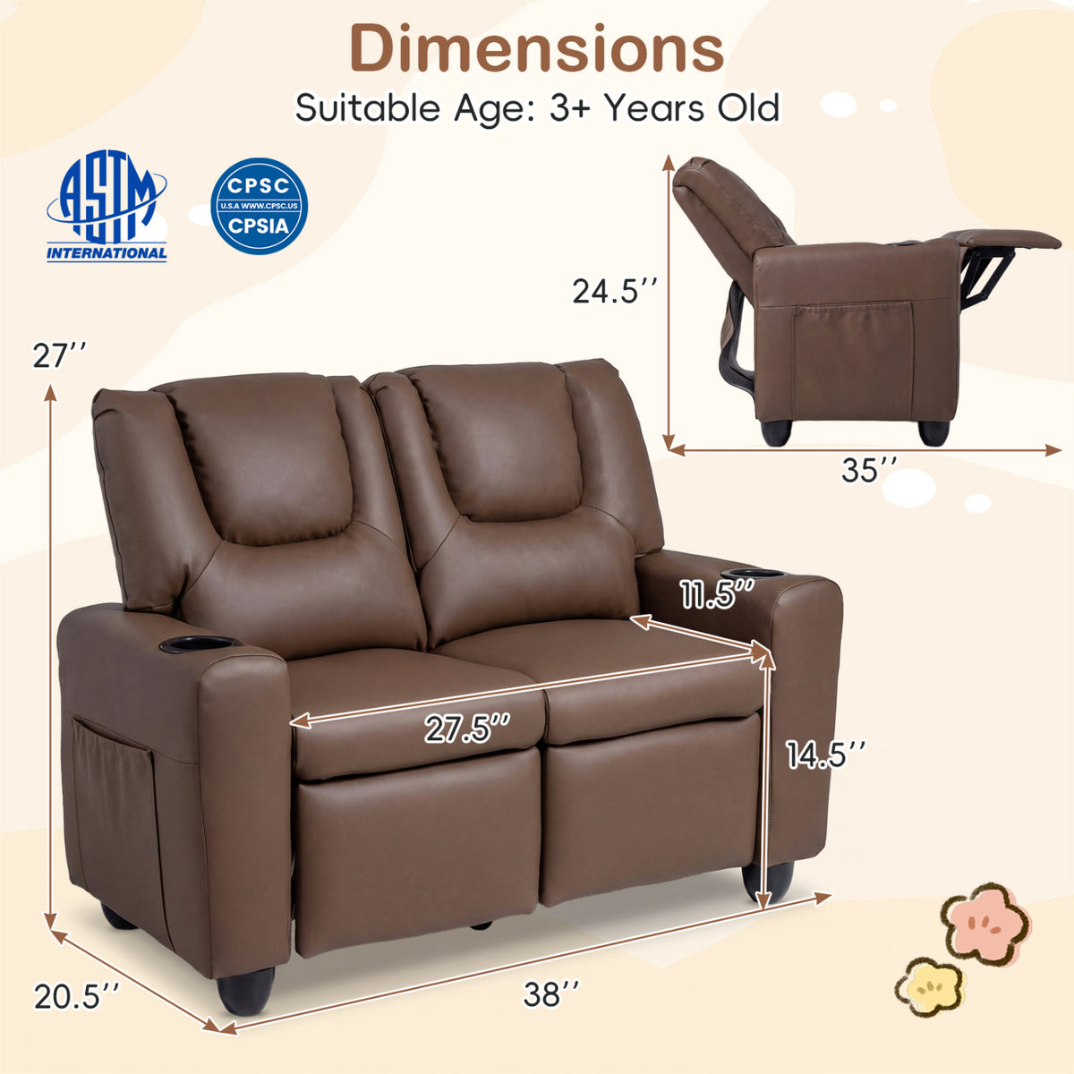 2-Seater Kids Recliner Double Toddler Sofa Chair with 2 Cup Holders-Brown