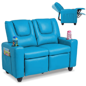 2-Seater Kids Recliner Double Toddler Sofa Chair with 2 Cup Holders-Blue