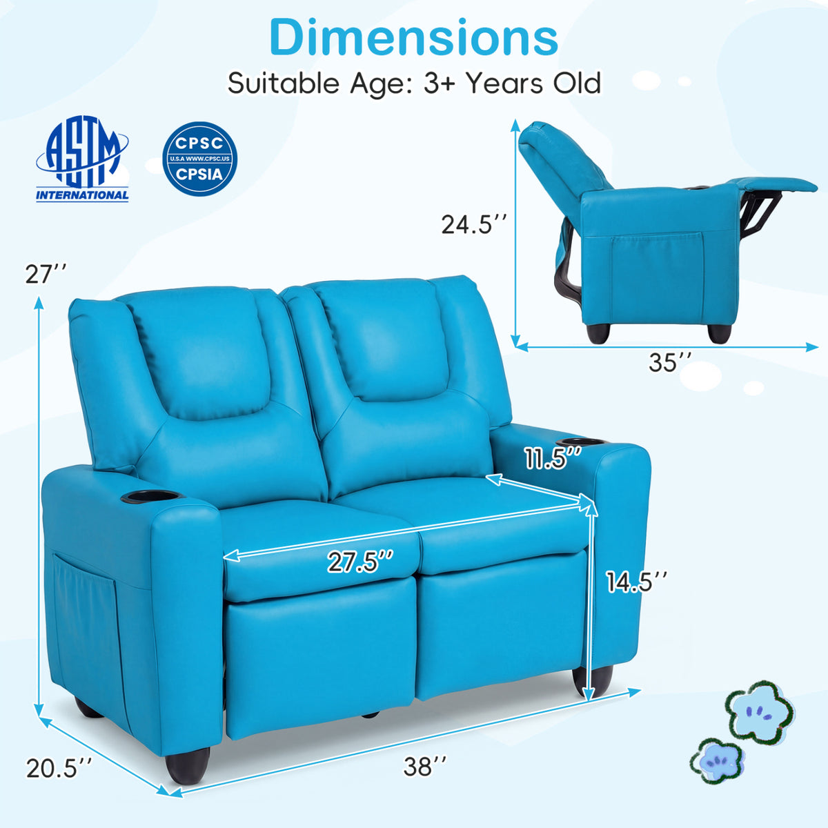 2-Seater Kids Recliner Double Toddler Sofa Chair with 2 Cup Holders-Blue