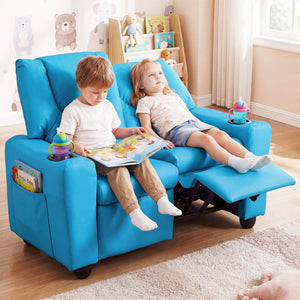 2-Seater Kids Recliner Double Toddler Sofa Chair with 2 Cup Holders-Blue