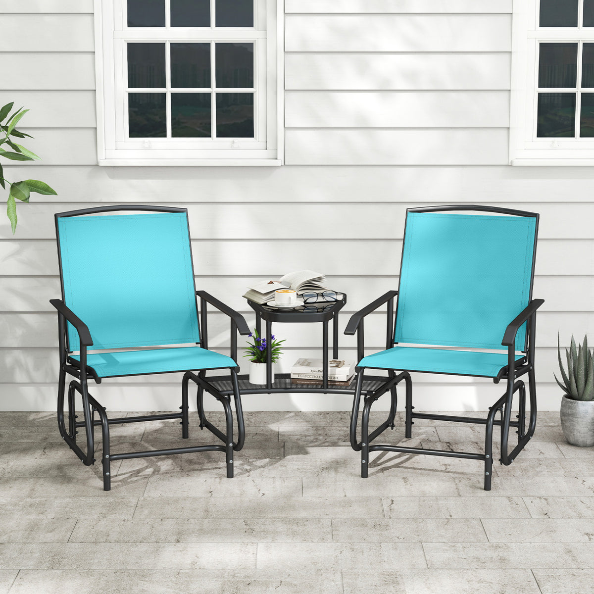 2-Seater Outdoor Glider Bench with 2-Tier Center Table-Turquoise