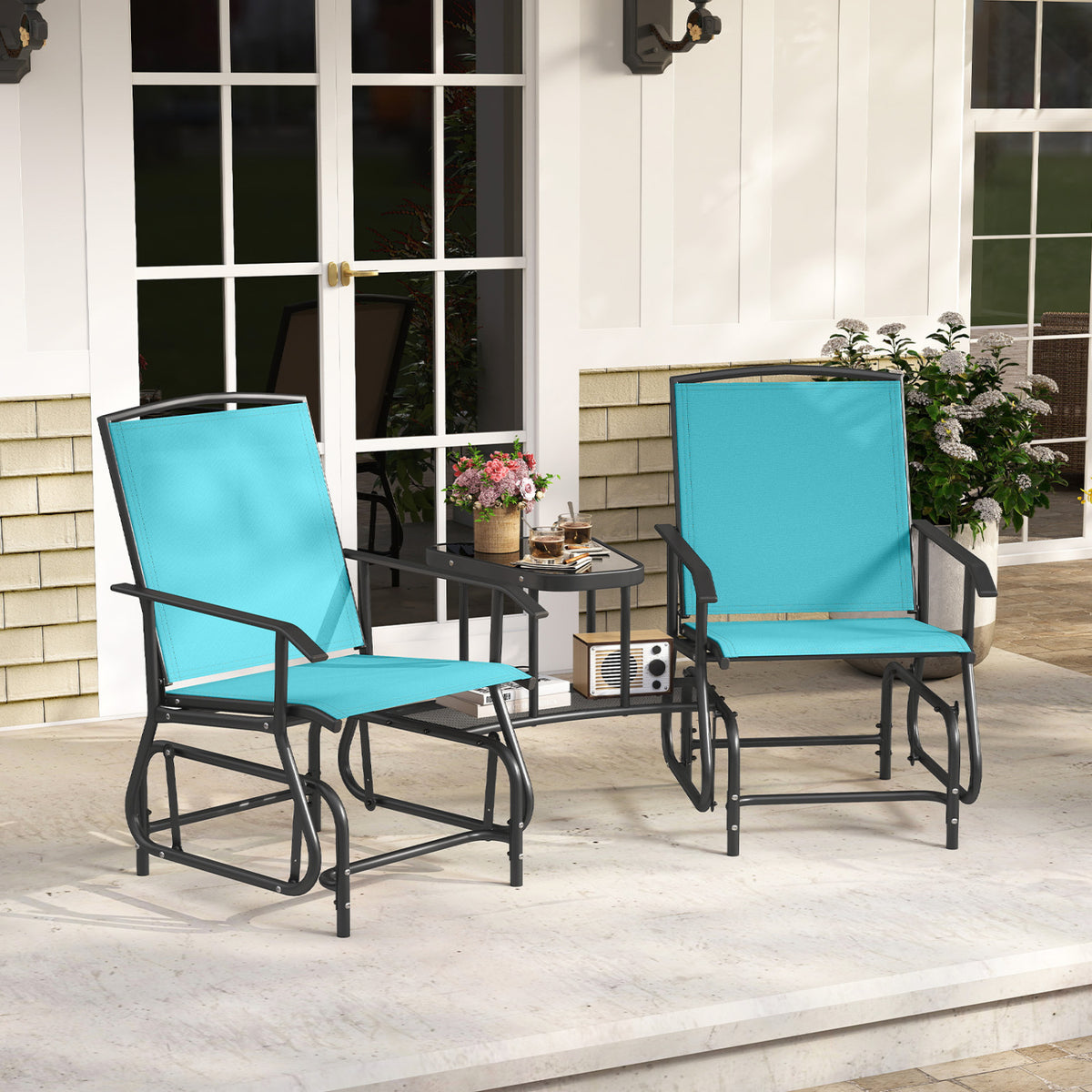 2-Seater Outdoor Glider Bench with 2-Tier Center Table-Turquoise
