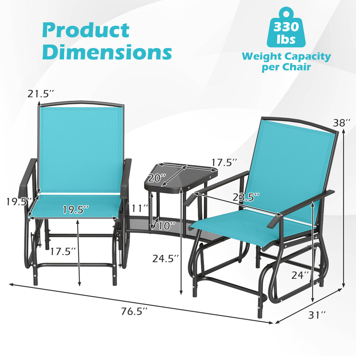 2-Seater Outdoor Glider Bench with 2-Tier Center Table-Turquoise