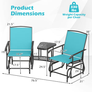 2-Seater Outdoor Glider Bench with 2-Tier Center Table-Turquoise
