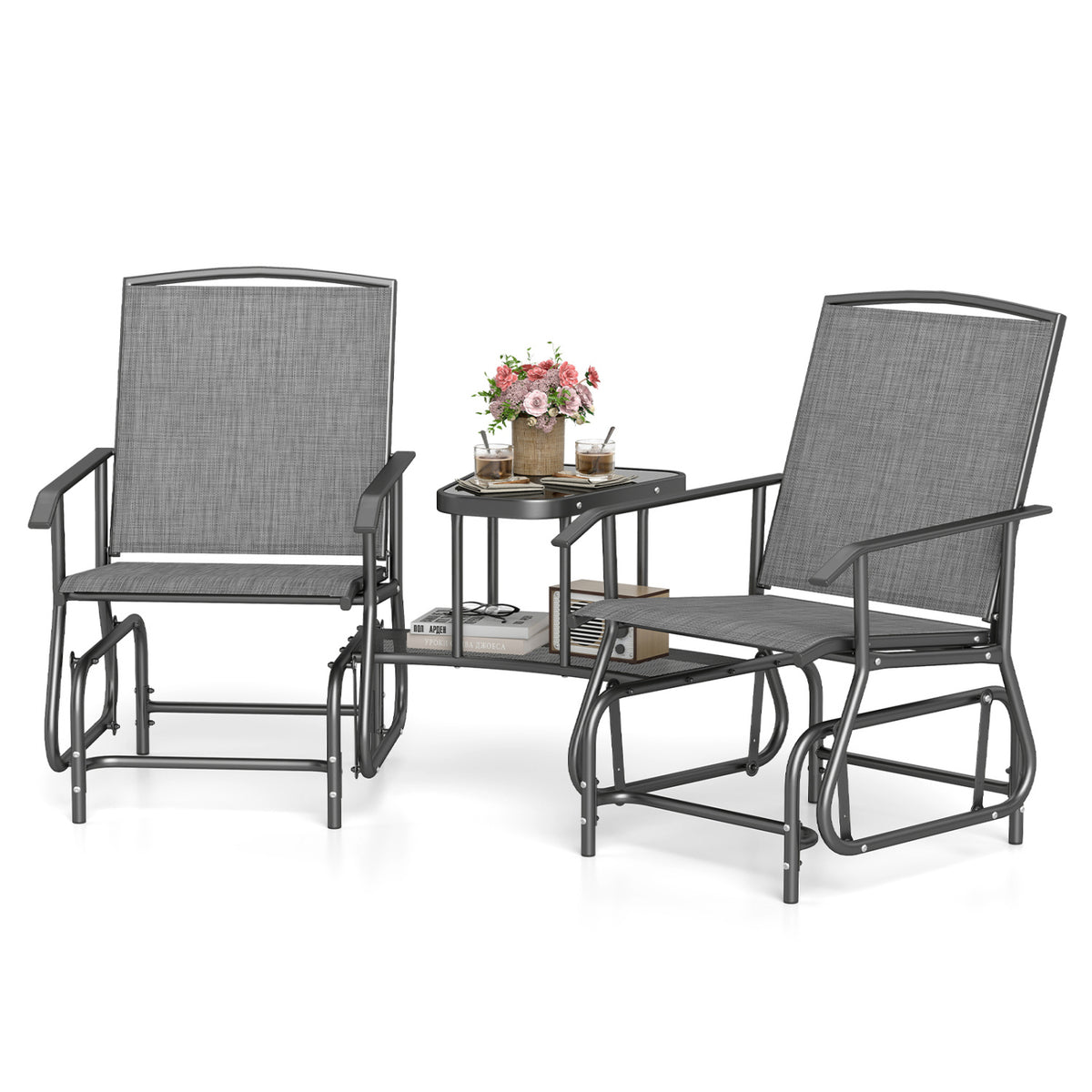 2-Seater Outdoor Glider Bench with 2-Tier Center Table-Gray