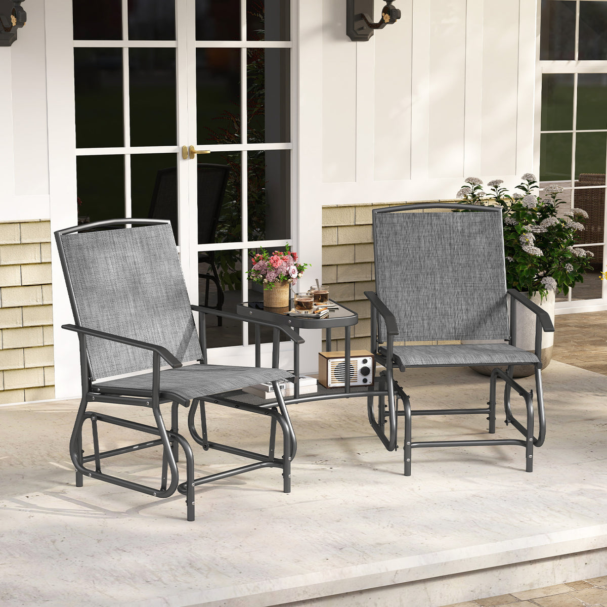 2-Seater Outdoor Glider Bench with 2-Tier Center Table-Gray