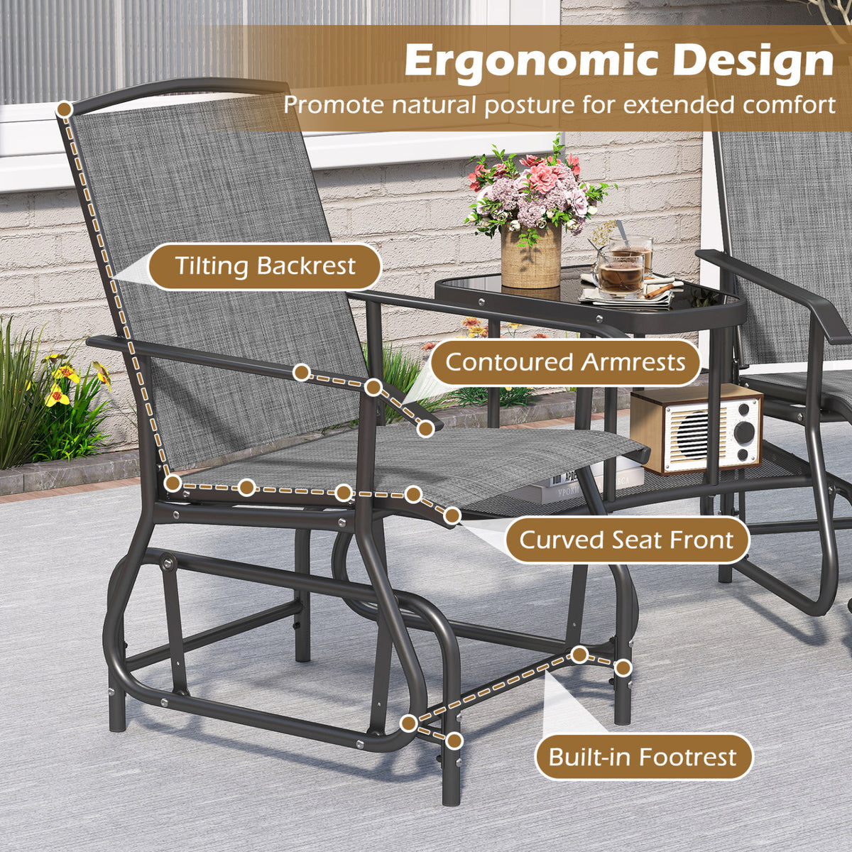 2-Seater Outdoor Glider Bench with 2-Tier Center Table-Gray