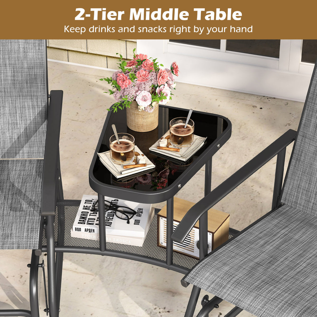 2-Seater Outdoor Glider Bench with 2-Tier Center Table-Gray