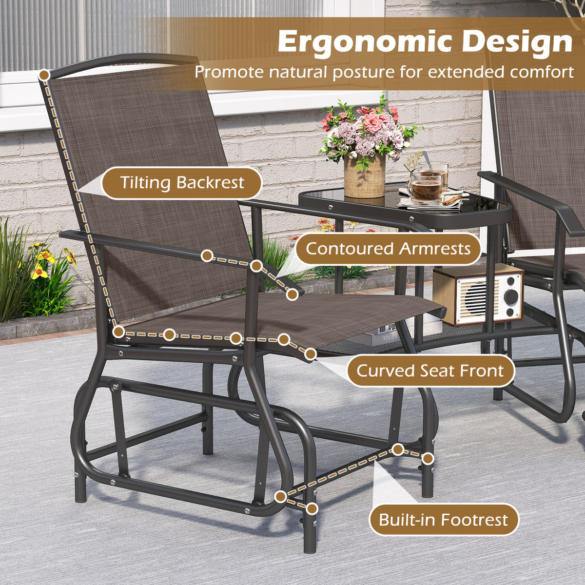 2-Seater Outdoor Glider Bench with 2-Tier Center Table-Brown
