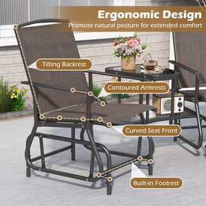 2-Seater Outdoor Glider Bench with 2-Tier Center Table-Brown
