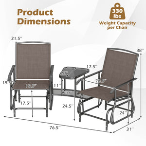 2-Seater Outdoor Glider Bench with 2-Tier Center Table-Brown