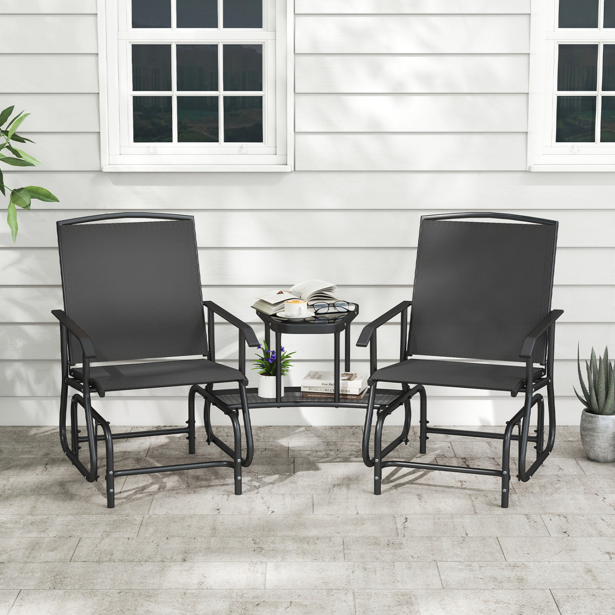 2-Seater Outdoor Glider Bench with 2-Tier Center Table-Black