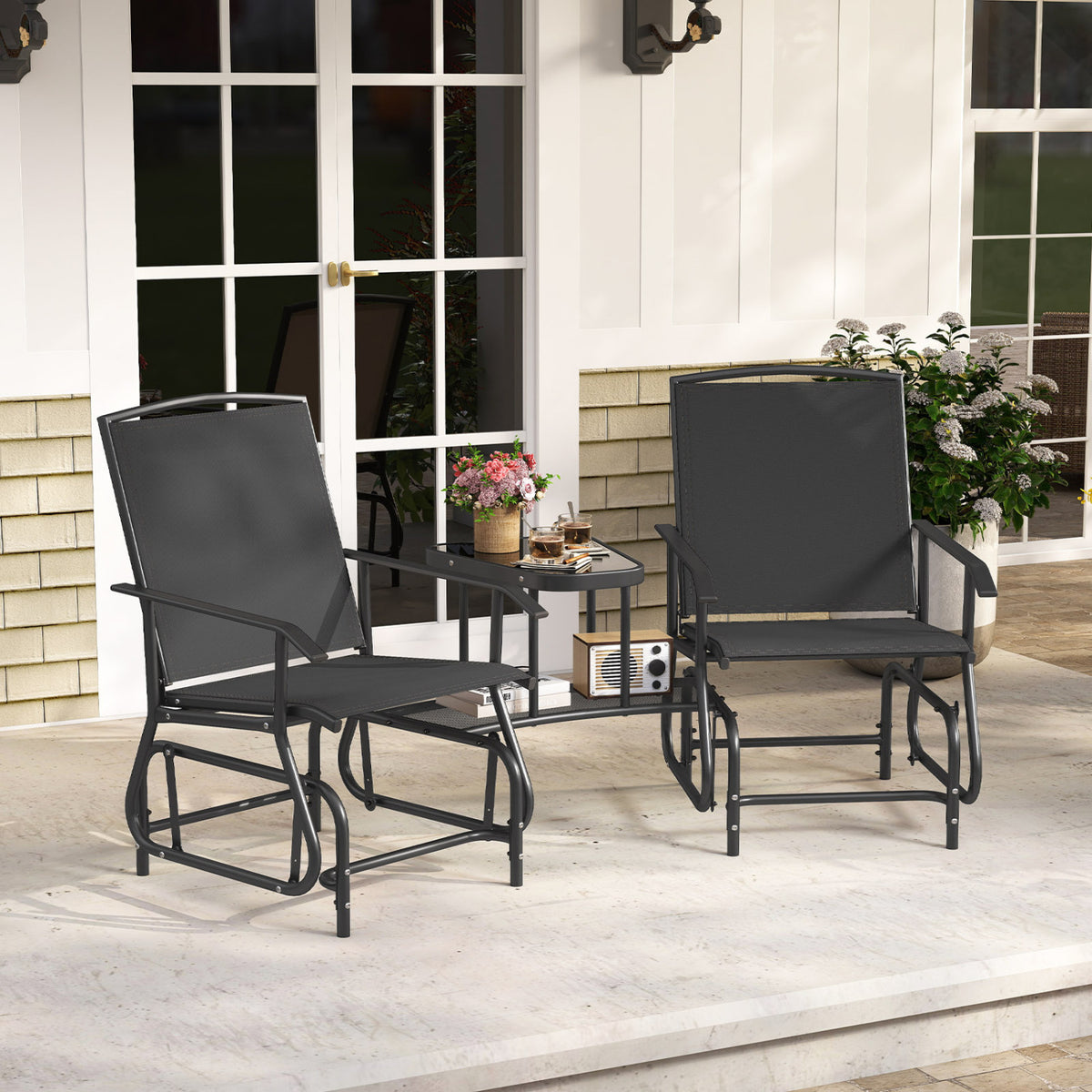 2-Seater Outdoor Glider Bench with 2-Tier Center Table-Black