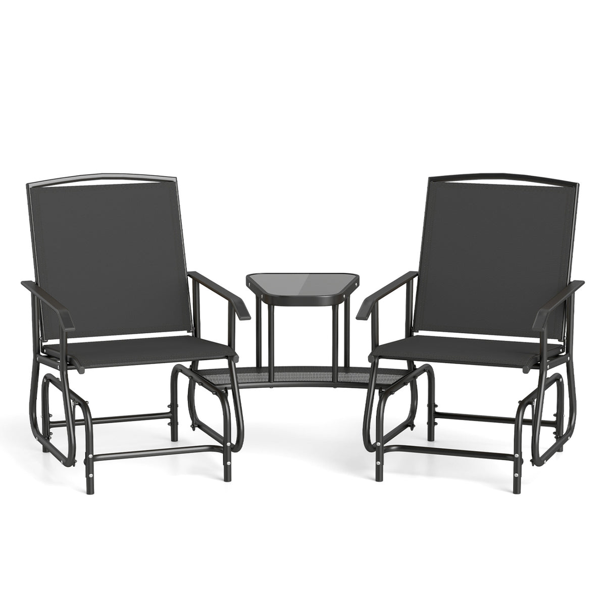 2-Seater Outdoor Glider Bench with 2-Tier Center Table-Black