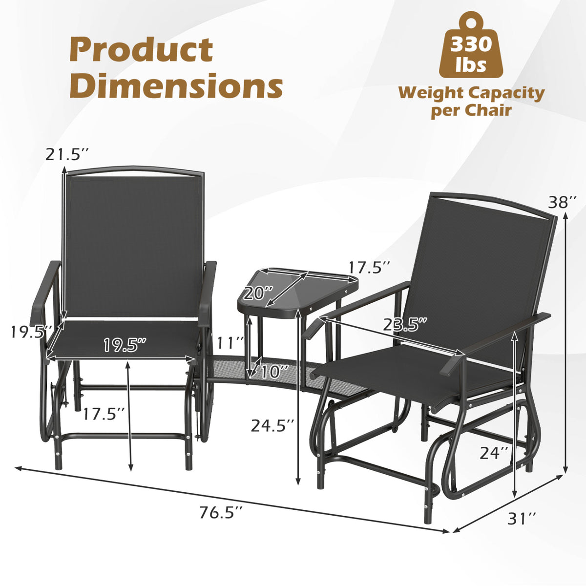 2-Seater Outdoor Glider Bench with 2-Tier Center Table-Black