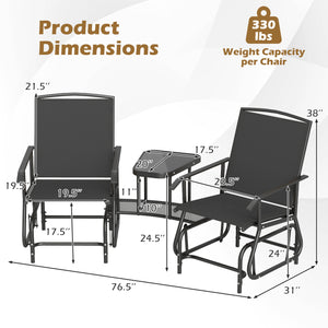 2-Seater Outdoor Glider Bench with 2-Tier Center Table-Black