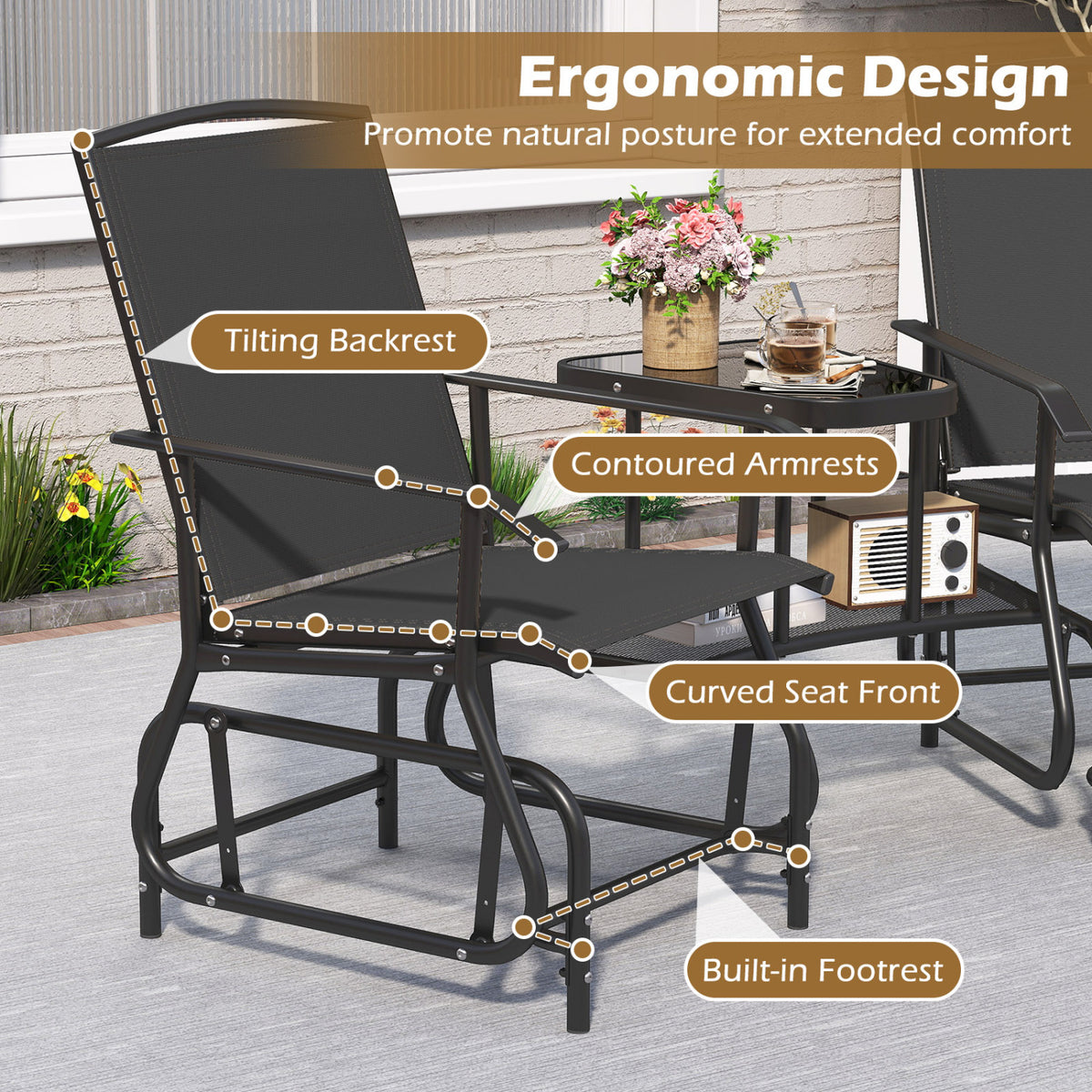 2-Seater Outdoor Glider Bench with 2-Tier Center Table-Black