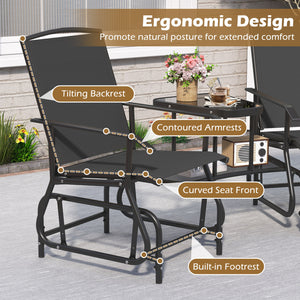 2-Seater Outdoor Glider Bench with 2-Tier Center Table-Black
